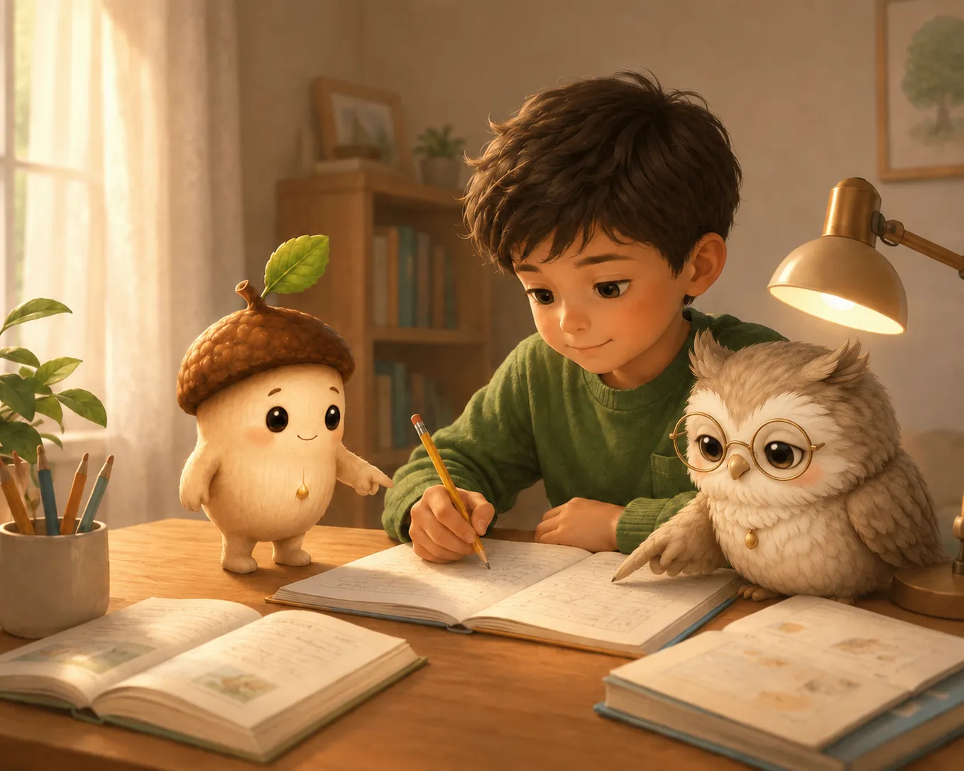 A child practising sums in an exercise book while Nib, a friendly acorn character, and a gentle owl look on encouragingly.